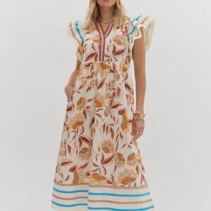 Entro - Boutique Boho Floral Midi Dress | Flutter Sleeve Resort | size M